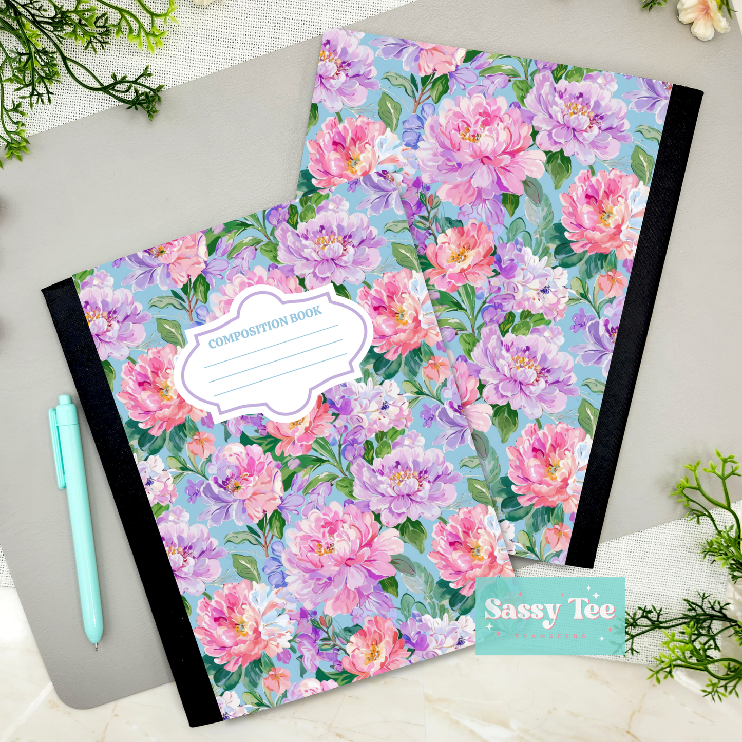 FLORAL PEONIES PINK PURPLE FAUX PAINT Peel + Stick Notebook Cover SET