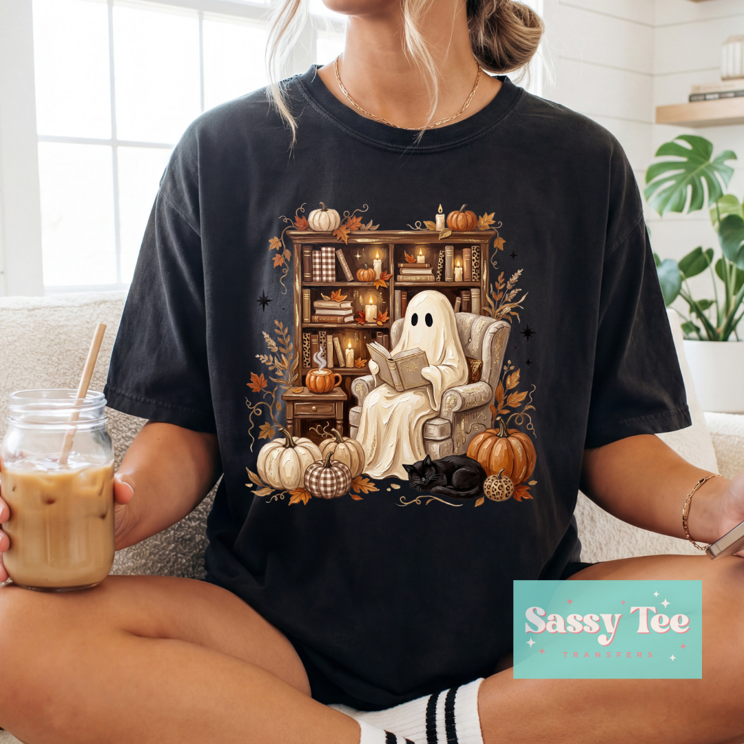 GHOST READING BOOKSHELF CAT FALL PUMPKINS **Preorder/Restock Ships in 5-10 biz days**