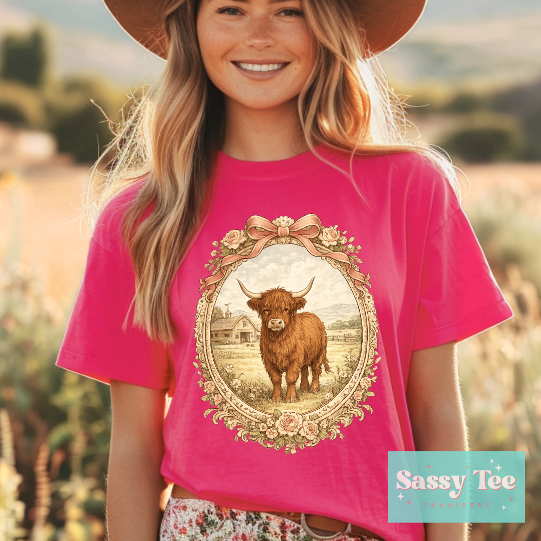 HIGHLAND COW PINK BOW FLORAL FRAME **Preorder/Restock Ships in 5-10 biz days**