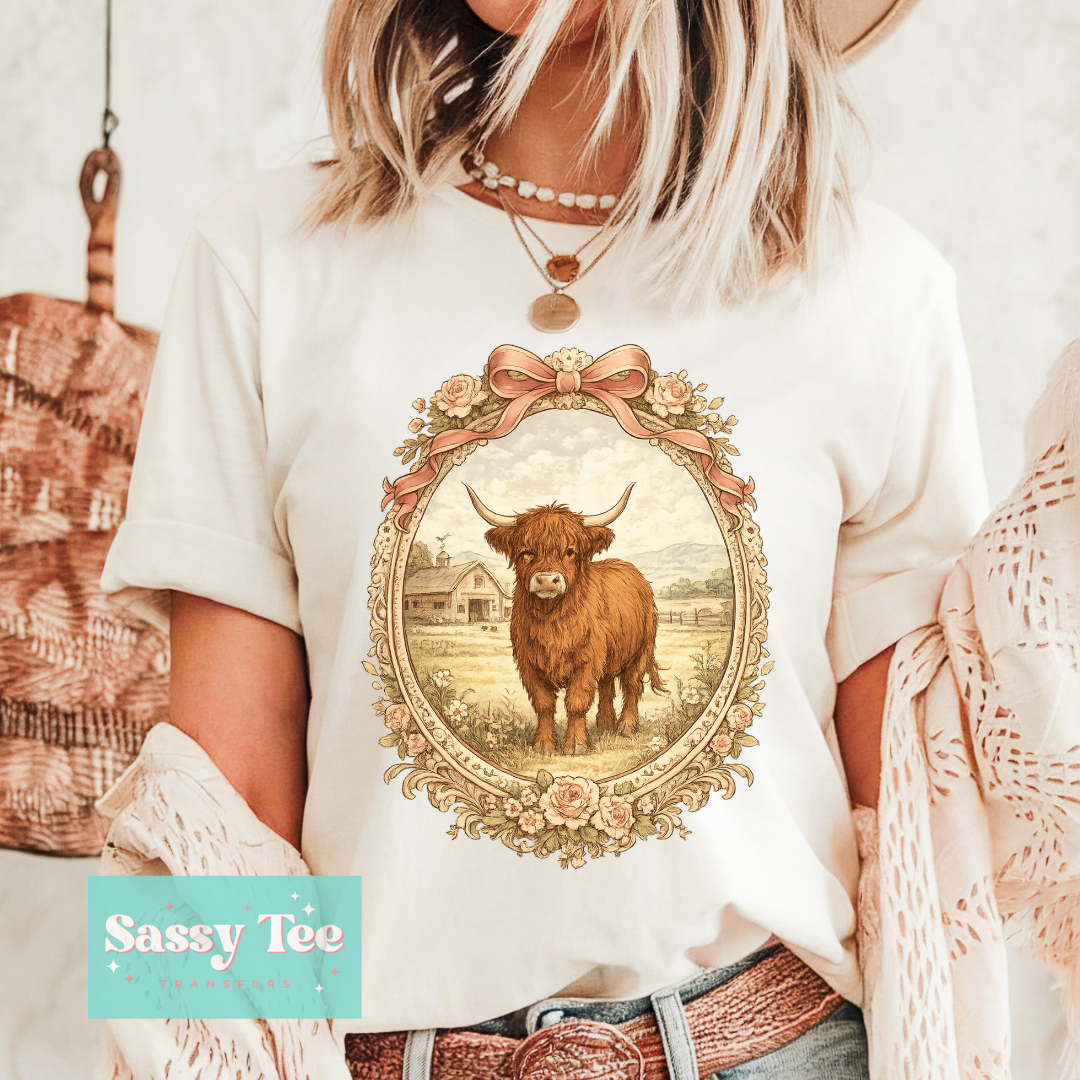 HIGHLAND COW PINK BOW FLORAL FRAME **Preorder/Restock Ships in 5-10 biz days**