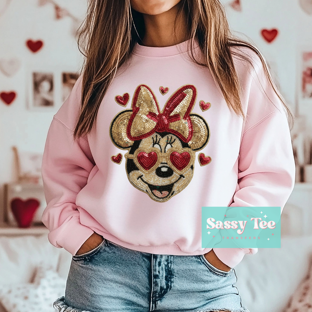 MOUSE GOLD RED BOW HEARTS FAUX SEQUINS **Preorder/Restock Ships in 5-10 biz days**