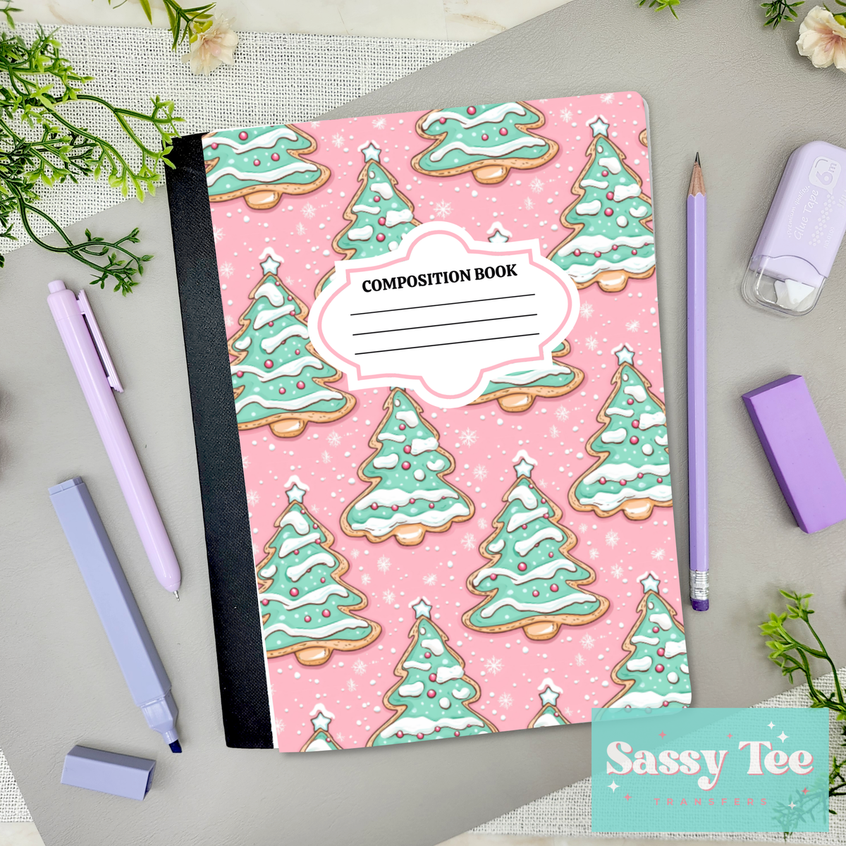PINK GREEN CHRISTMAS TREE COOKIES Peel + Stick Notebook Cover SET