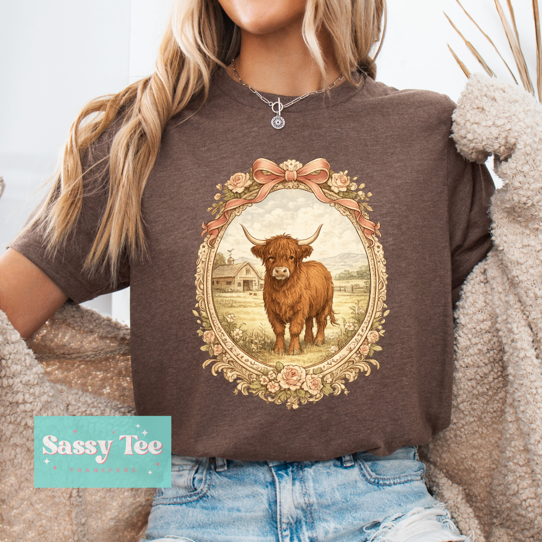 HIGHLAND COW PINK BOW FLORAL FRAME **Preorder/Restock Ships in 5-10 biz days**