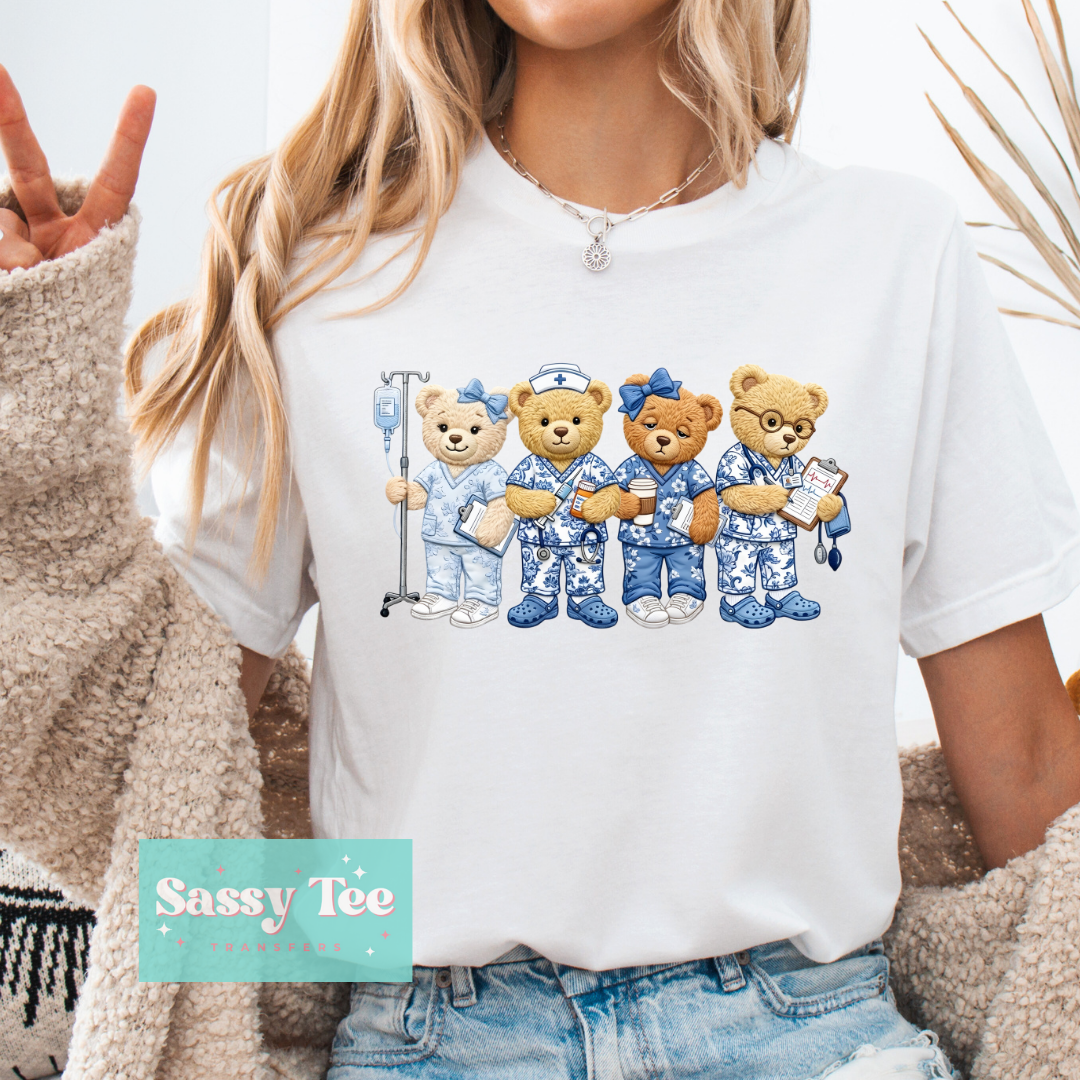 TEDDY NURSE BLUE TOILE FAUX **Preorder/Restock Ships in 5-10 biz days**