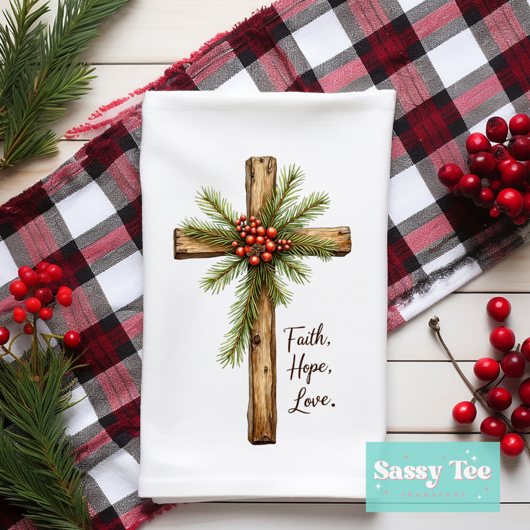 FAITH HOPE LOVE CHRISTMAS CROSS Kitchen Towel **Preorder/Restock Ships in 5-10 biz days**