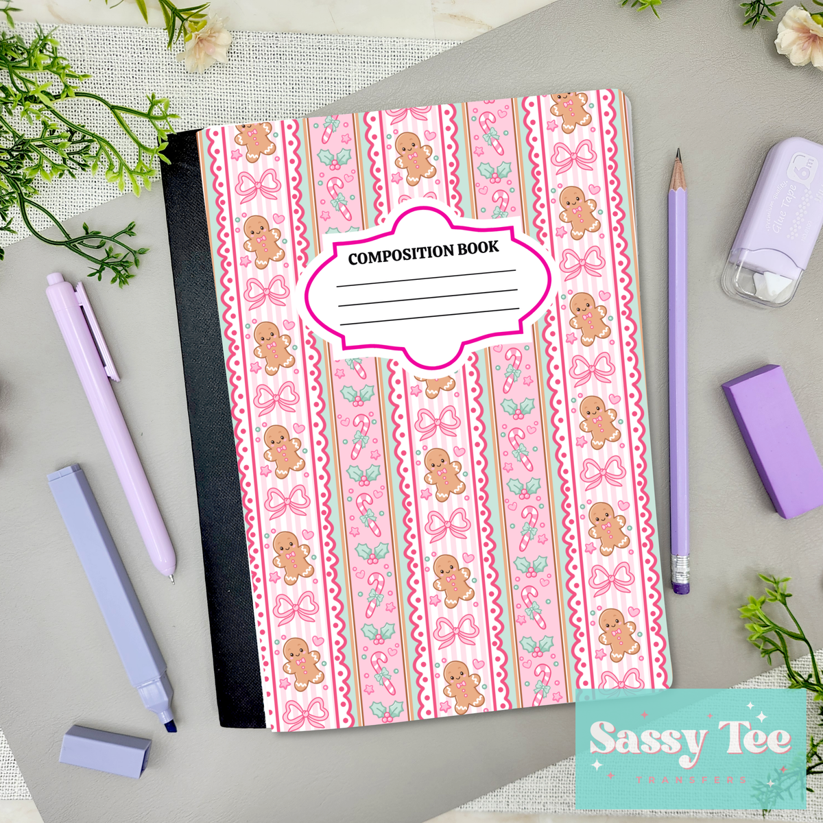 GINGERBREAD PINK BOWS STRIPES Peel + Stick Notebook Cover SET