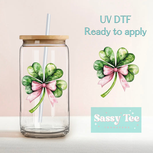 SHAMROCK CLOVER PINK BOW ST. PATRICK UV DTF CUP WRAP **Preorder/Restock Ships in 5-10 biz days**
