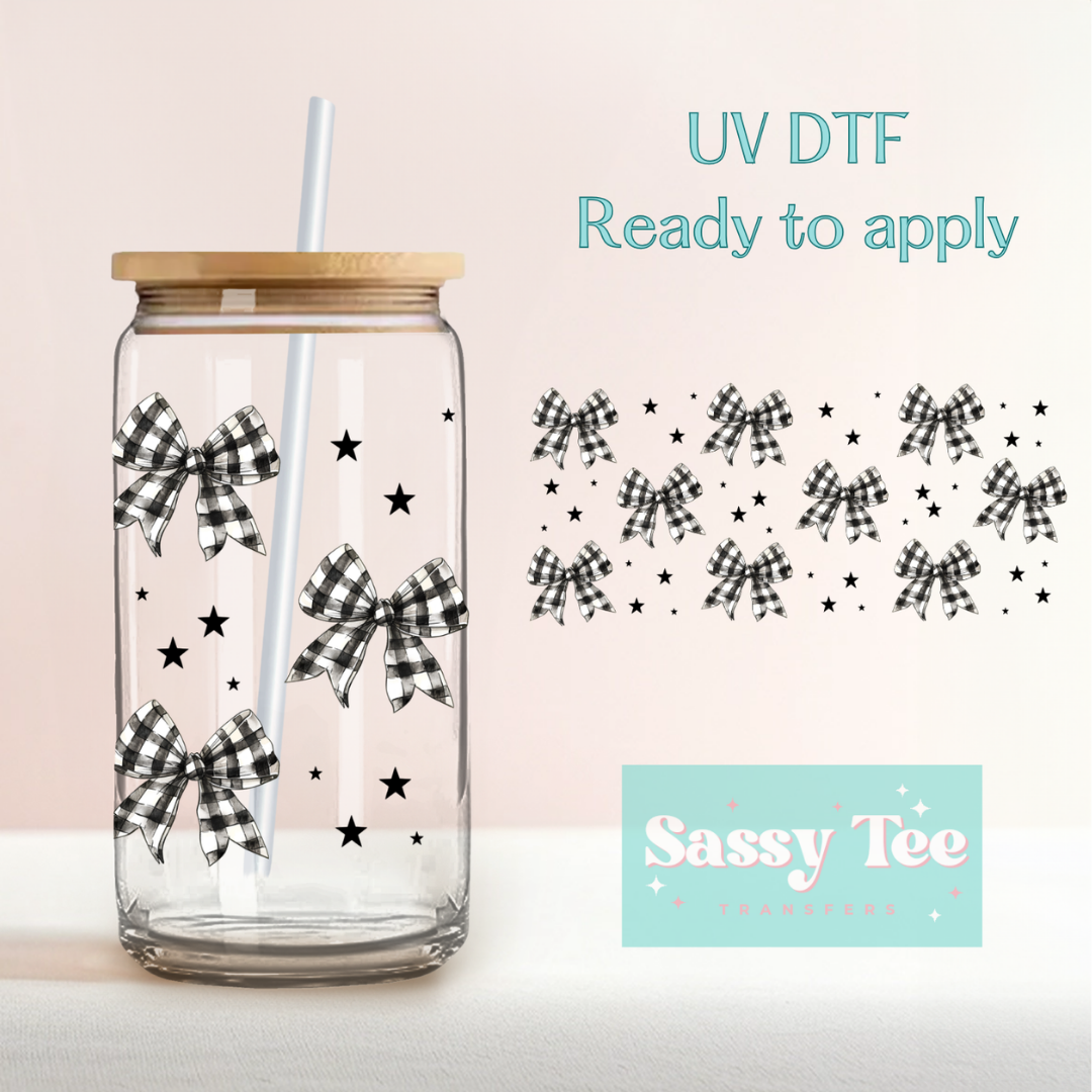 BLACK PLAID BOWS RETRO UV DTF *DOUBLE SIDED* CUP WRAP **Preorder/Restock Ships in 5-10 biz days**