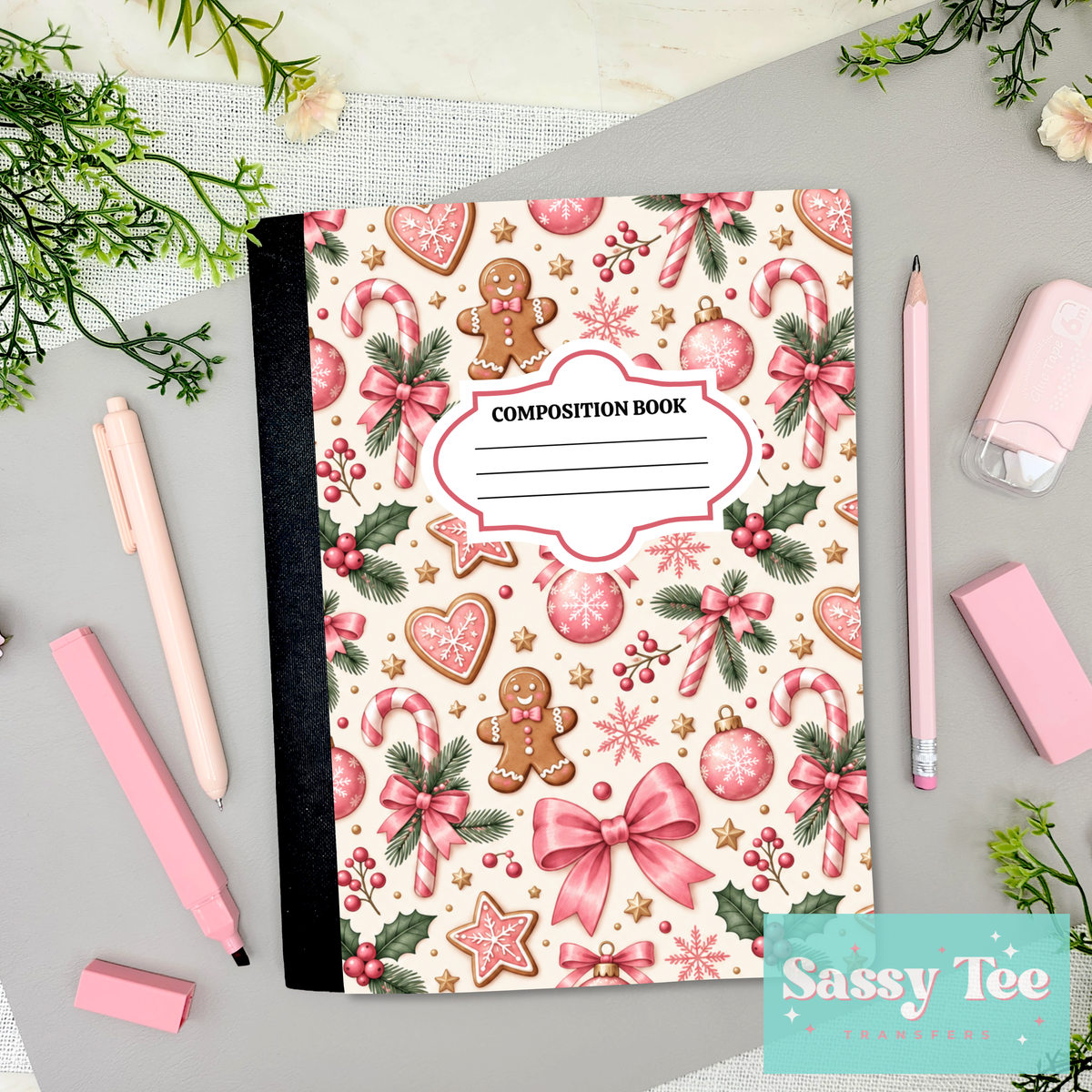 GINGERBREAD CANDY CANES PINK BOWS Peel + Stick Notebook Cover SET