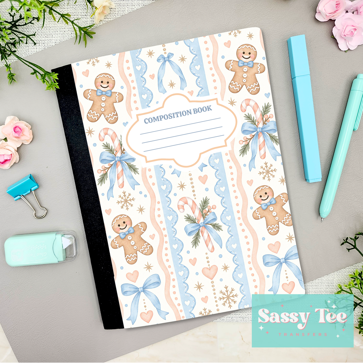 GINGERBREAD BLUE BOWS STRIPES Peel + Stick Notebook Cover SET