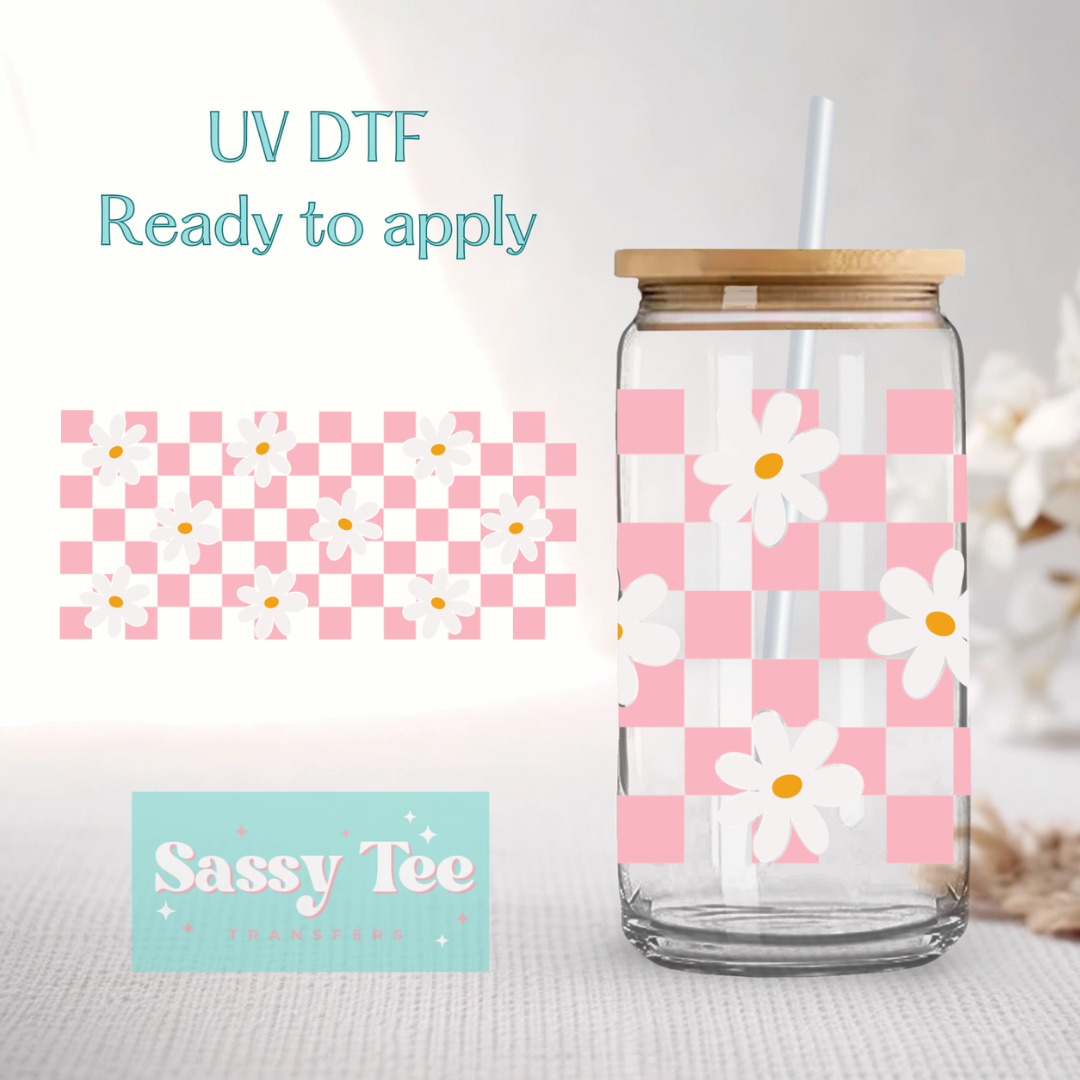 PINK DAISY CHECKERED RETRO UV DTF *DOUBLE SIDED* CUP WRAP **Preorder/Restock Ships in 5-10 biz days**