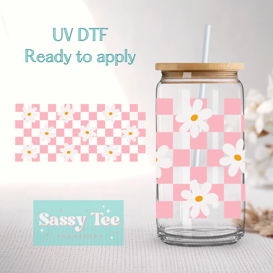 PINK DAISY CHECKERED RETRO UV DTF *DOUBLE SIDED* CUP WRAP **Preorder/Restock Ships in 5-10 biz days**