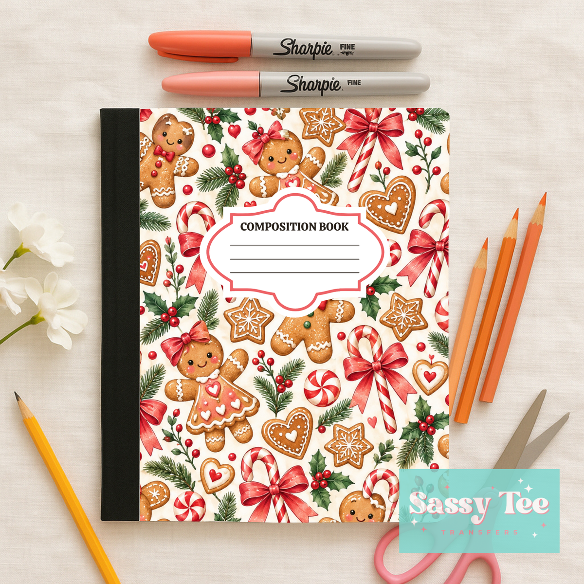 GINGERBREAD RED BOW COOKIES Peel + Stick Notebook Cover SET