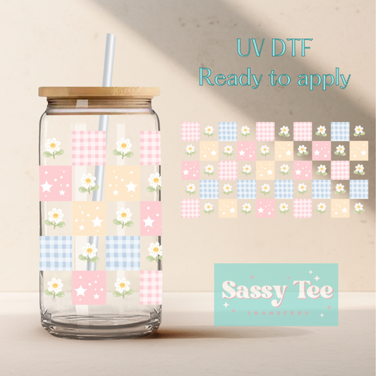 PASTEL DAISY GRANDMA CORE CHECKER UV DTF *DOUBLE SIDED* CUP WRAP **Preorder/Restock Ships in 5-10 biz days**