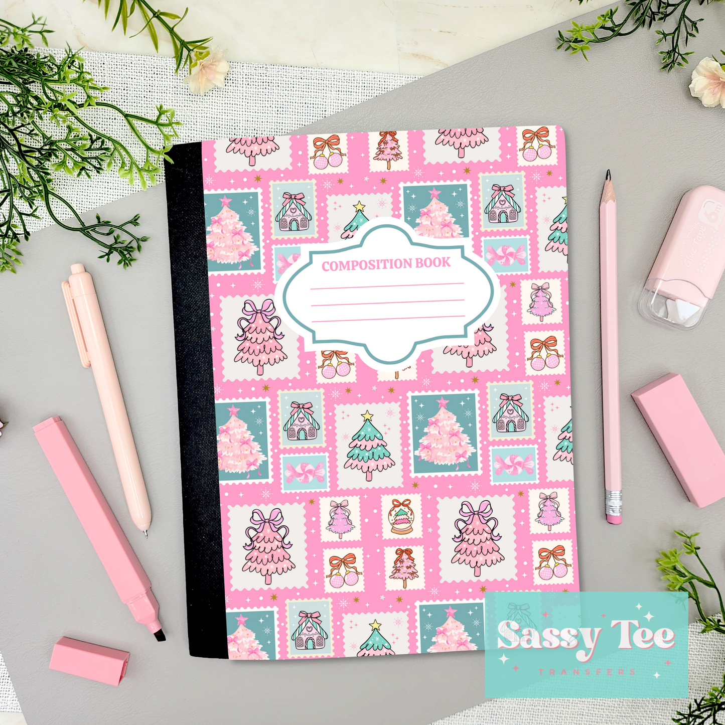 CHRISTMAS PINK MINT STAMPS Peel + Stick Notebook Cover SET