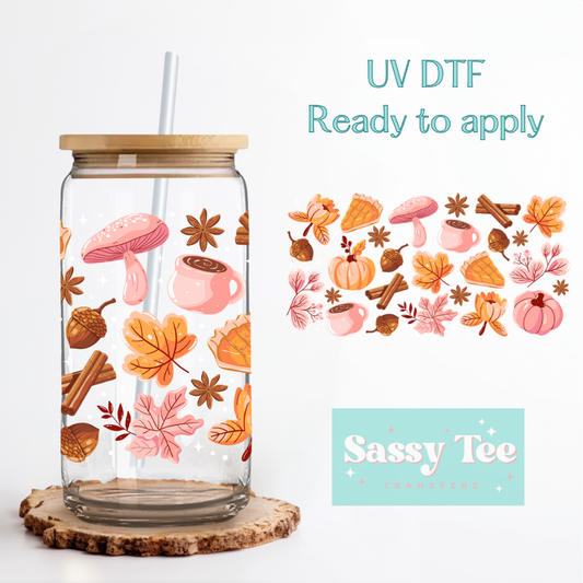 COZY FALL PIE MUSHROOMS PINK *DOUBLE SIDED* UV DTF CUP WRAP **Preorder/Restock Ships in 5-10 biz days**