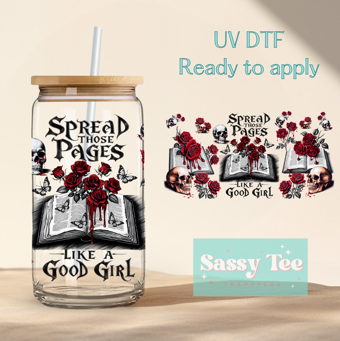SPREAD THOSE PAGES SKULL UV DTF CUP WRAP **Restock Preorder Ships in 5-10 biz days**