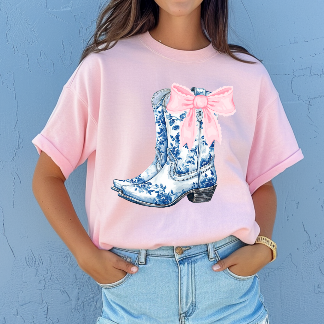 BOOTS BLUE TOILE PINK BOW COQUETTE **Preorder/Restock Ships in 5-10 biz days**