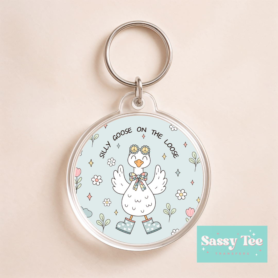 SILLY GOOSE ON THE LOOSE BLUE UV DTF *DOUBLE SIDED* ROUND KEYCHAIN DECAL **Preorder/Restock Ships in 5-10 biz days**