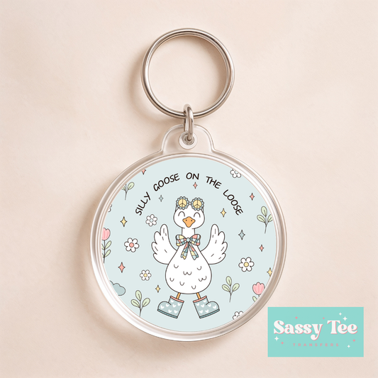 SILLY GOOSE ON THE LOOSE BLUE UV DTF *DOUBLE SIDED* ROUND KEYCHAIN DECAL **Preorder/Restock Ships in 5-10 biz days**
