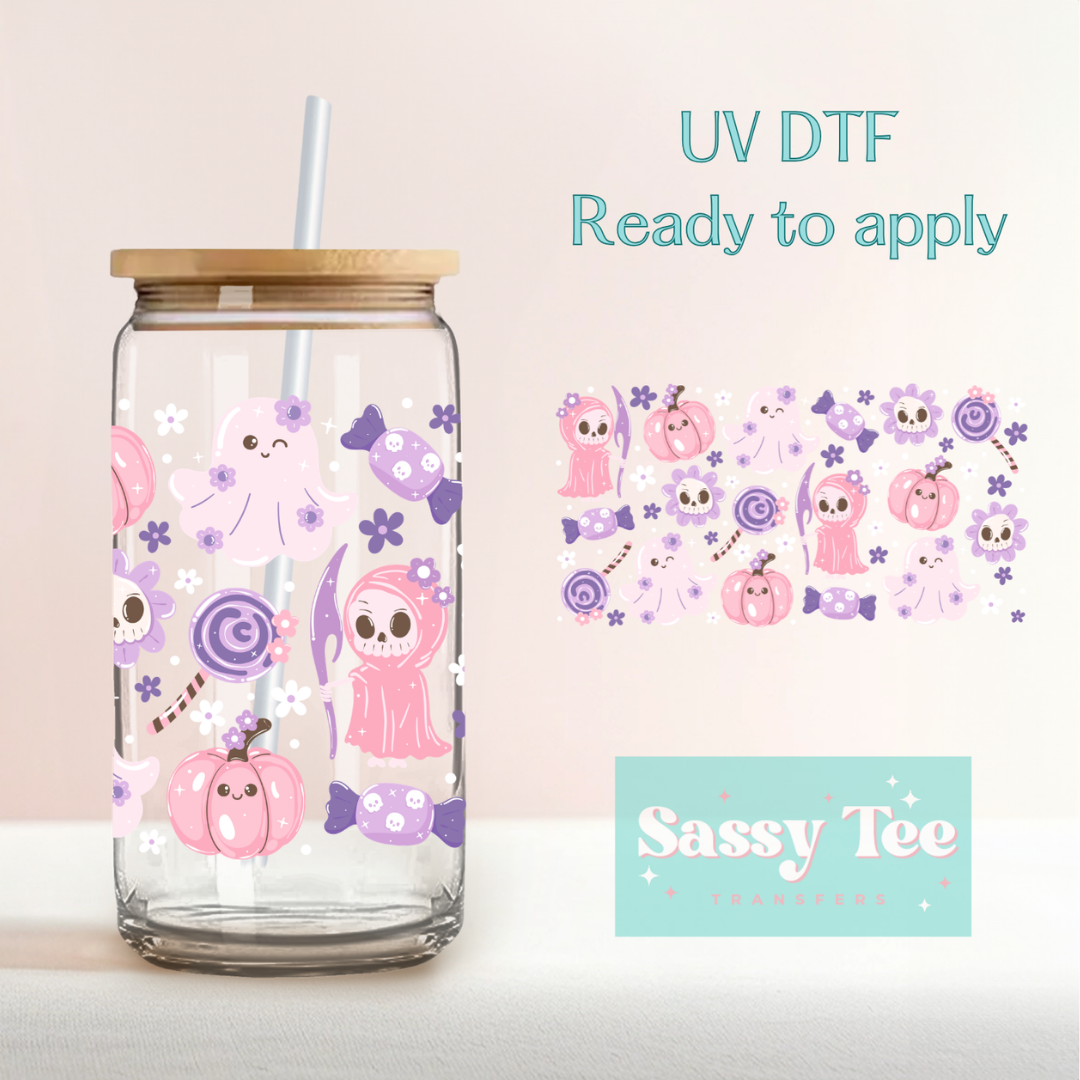 SPOOKY GHOST GRIM PINK PURPLE *DOUBLE SIDED* UV DTF CUP WRAP **Preorder/Restock Ships in 5-10 biz days**