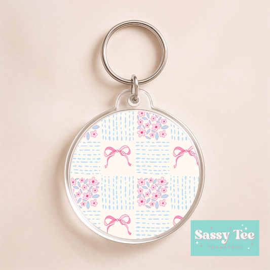 BLUE PINK VINTAGE PREP CHECKER FLORAL BOW UV DTF *DOUBLE SIDED* ROUND KEYCHAIN DECAL  **Preorder/Restock Ships in 5-10 biz days**