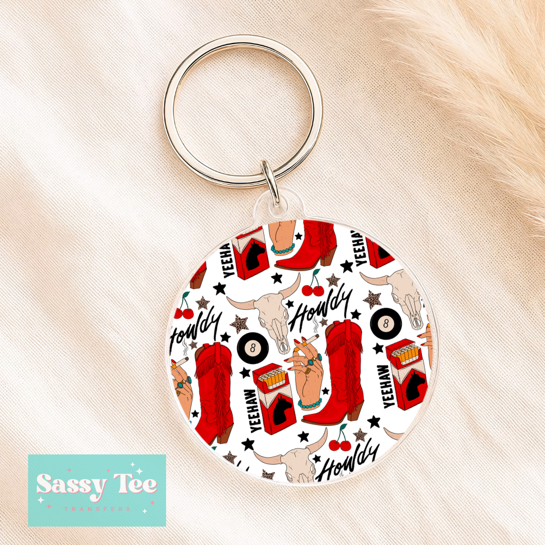 HOWDY RETRO RED UV DTF Round Keychain Decal **Preorder/Restock Ships in 5-10 biz days**