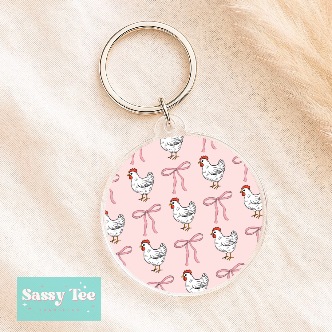 CHICKENS PINK BOWS COQUETTE UV DTF Round Keychain Decal **Preorder/Restock Ships in 5-10 biz days**