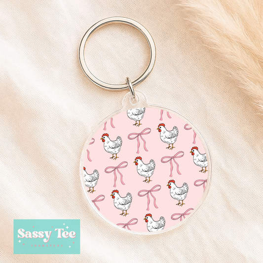 CHICKENS PINK BOWS COQUETTE UV DTF Round Keychain Decal **Preorder/Restock Ships in 5-10 biz days**