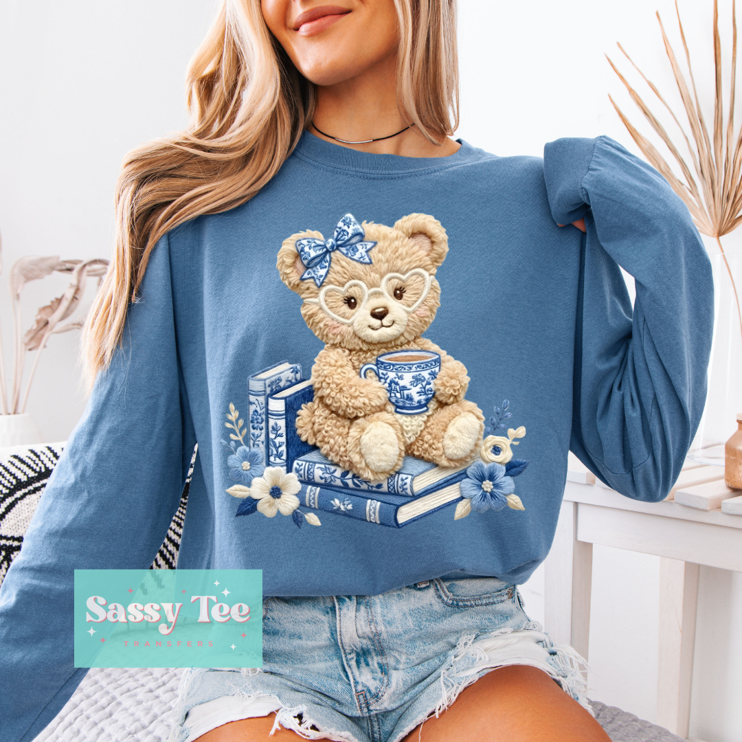 TEDDY BLUE TOILE BOOKS COFFEE FAUX