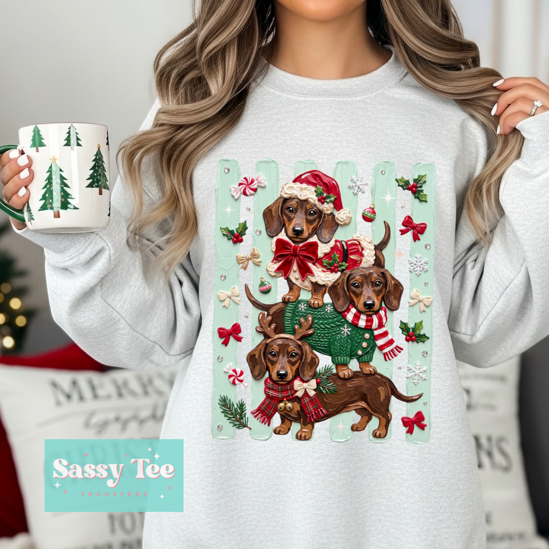 DACHSHUNDS CHRISTMAS CUTE PREPPY STRIPES FAUX TEXTURE PAINT **Preorder/Restock Ships in 5-10 biz days** •
