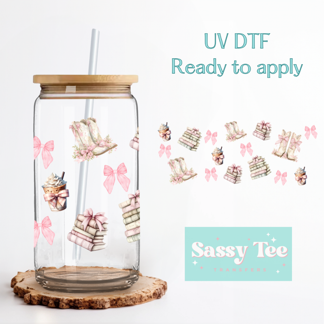 COWGIRL PINK BOW BOOKISH COFFEE COQUETTE UV DTF Cup Wrap **Preorder/Restock Ships in 5-10 biz days**