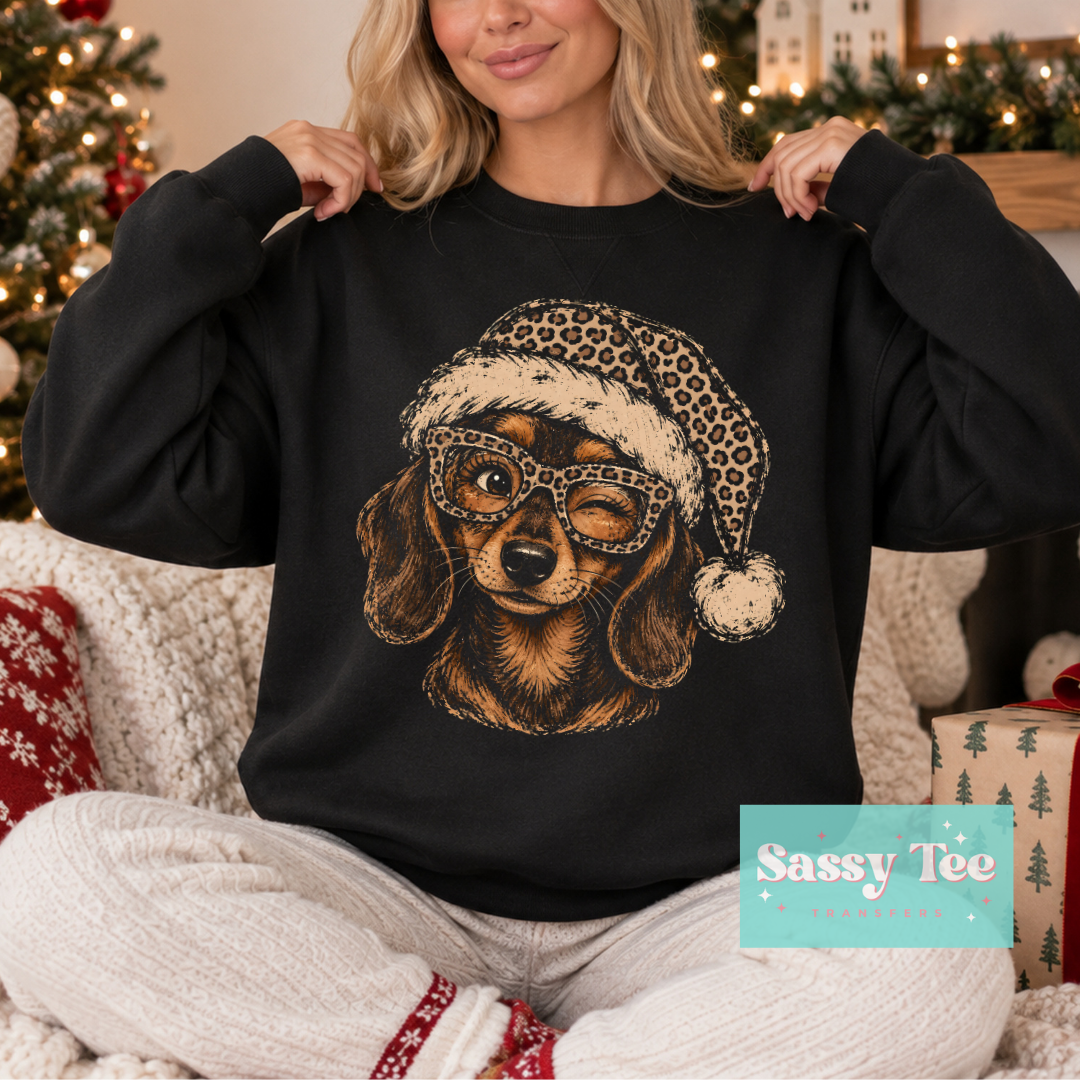DACHSHUND LEOPARD SANTA WINK For Darker Colors **Preorder/Restock Ships in 5-10 biz days** •