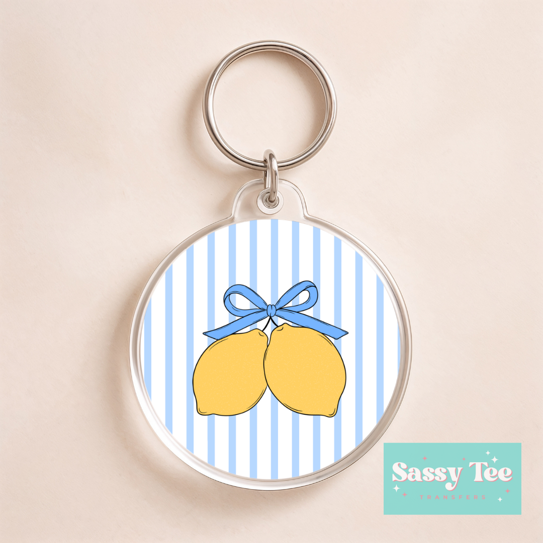 LEMONS PREPPY STRIPES BLUE BOW UV DTF Round Keychain Decal **Preorder/Restock Ships in 5-10 biz days**