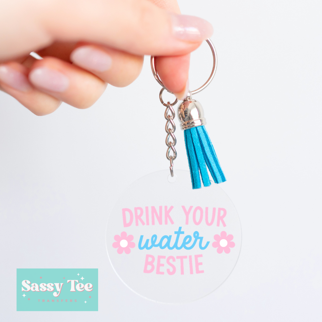 DRINK YOUR WATER BESTIE PINK BLUE UV DTF *DOUBLE SIDED* ROUND KEYCHAIN DECAL **Preorder/Restock Ships in 5-10 biz days**