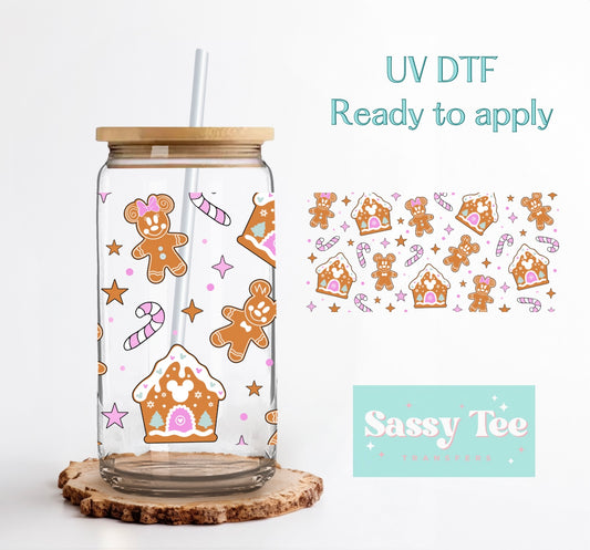 GINGERBREAD HOUSE PINK CUTE UV DTF CUP WRAP