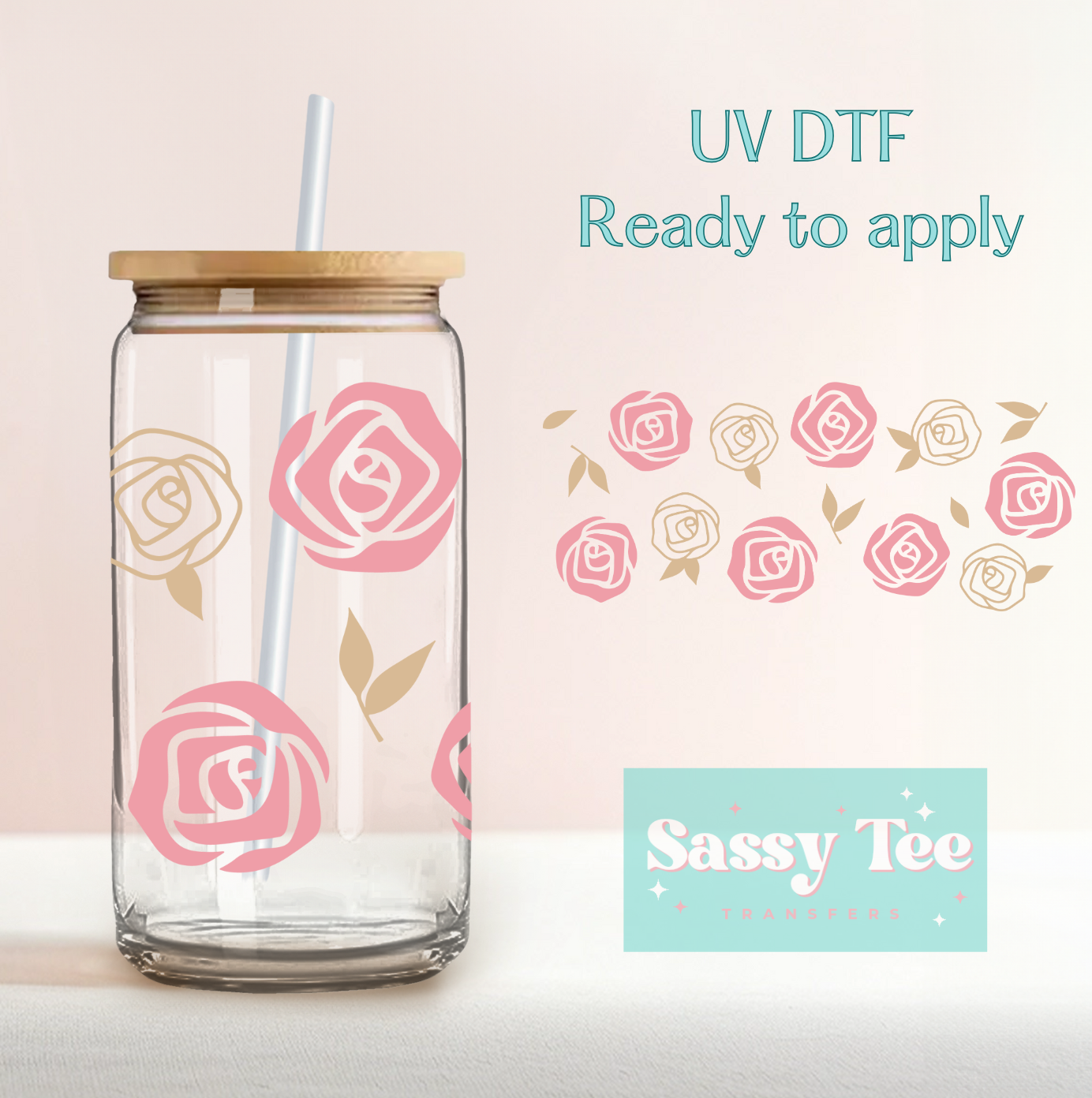 ROSES PINK GOLD UV DTF CUP WRAP **Ships in 5-9 biz days**