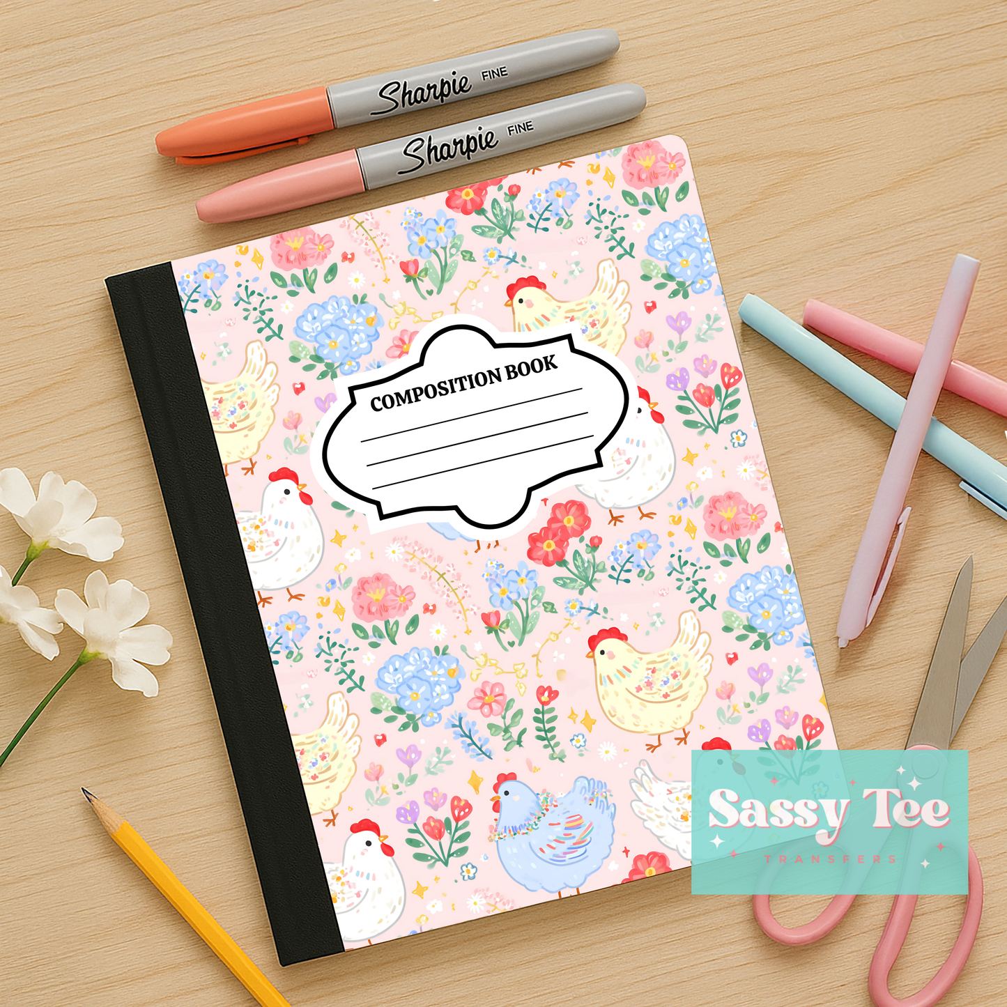 CHICKENS FLORAL BLUE YELLOW Peel + Stick Notebook Cover SET
