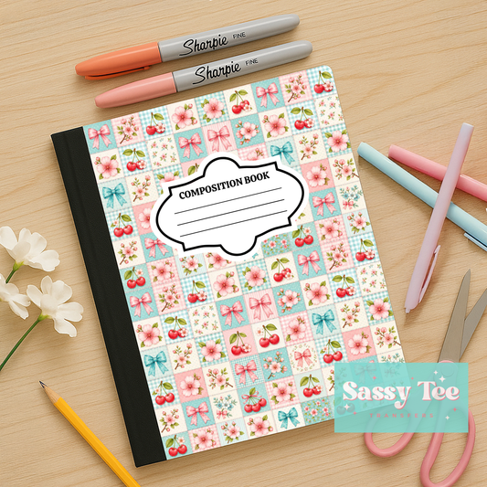 FLORAL CHERRY BOW PINK MINT PLAID Peel + Stick Notebook Cover SET