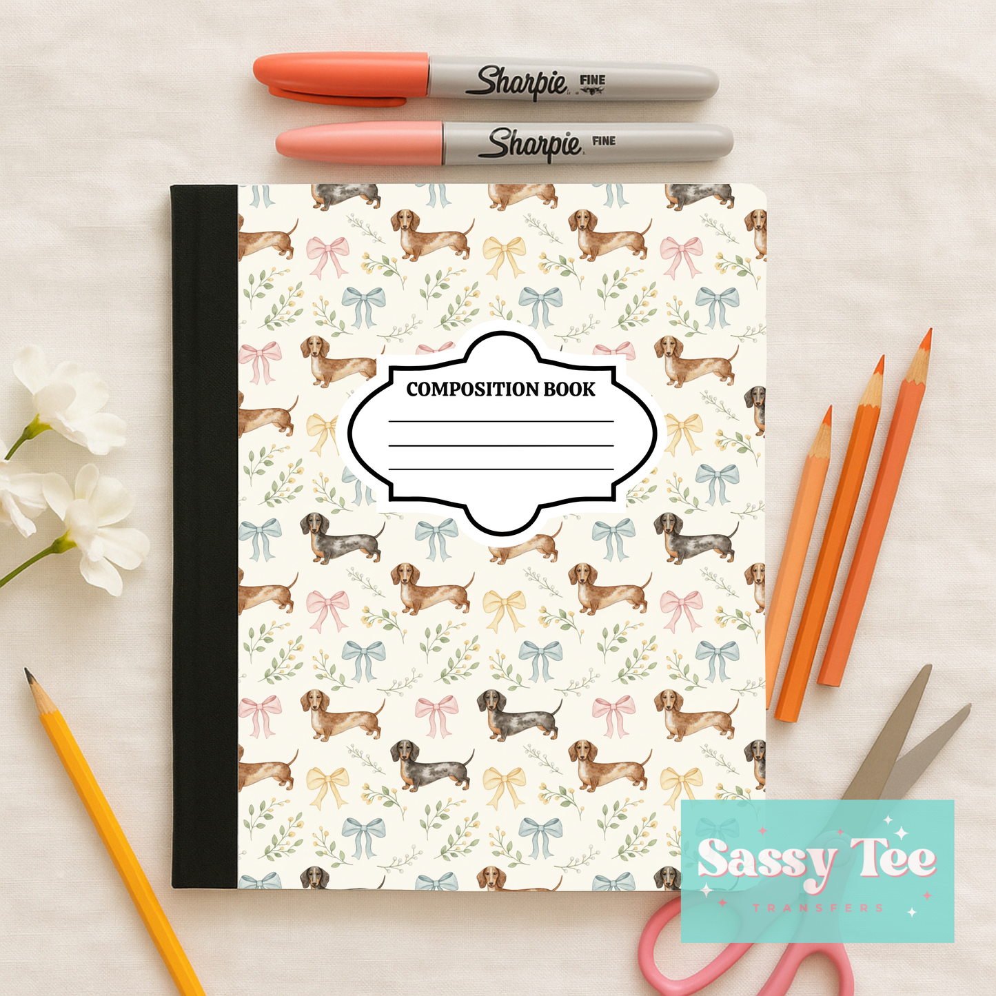 DACHSHUND BOWS COQUETTE BEIGE Peel + Stick Notebook Cover SET