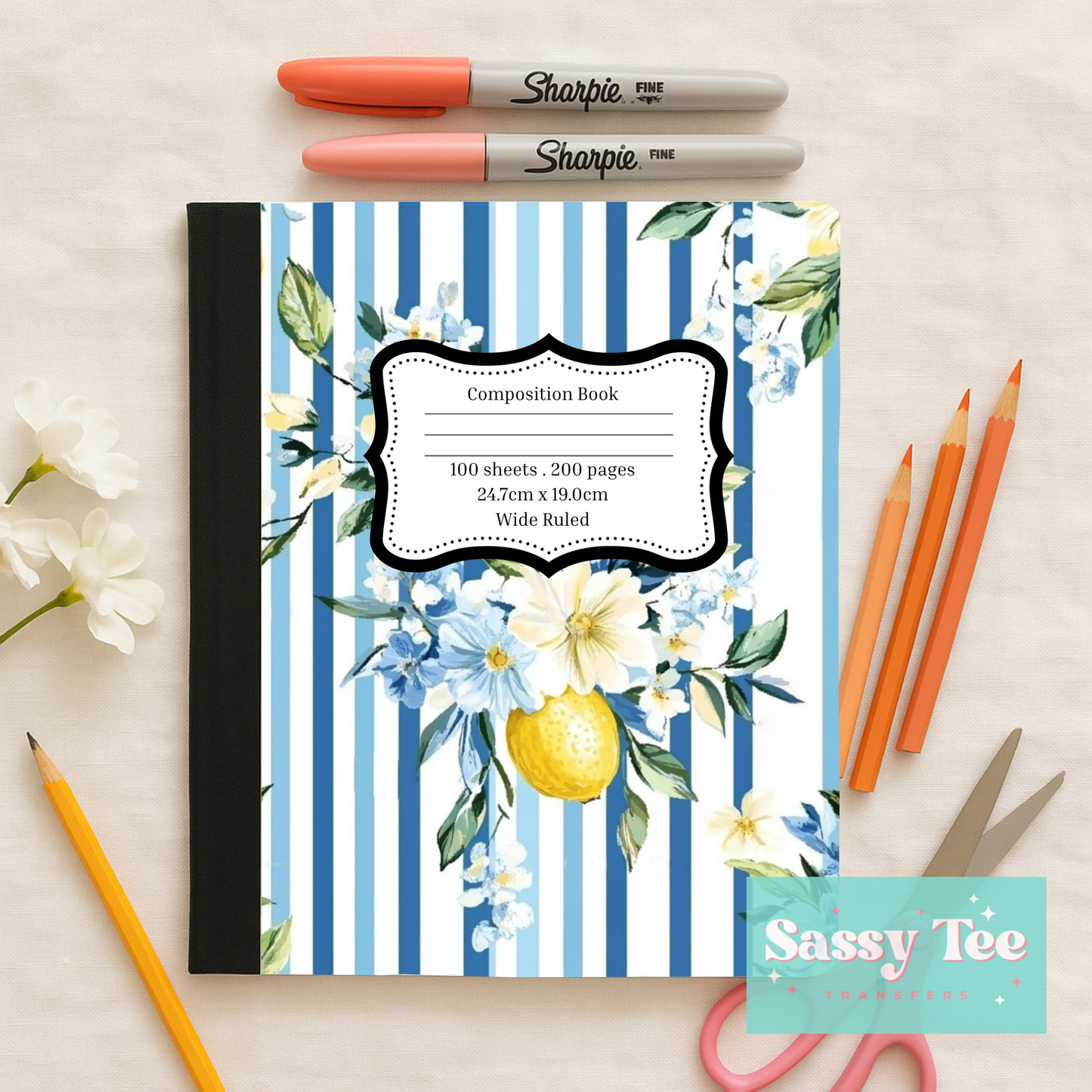 LEMONS BLUE STRIPE FLORAL Peel + Stick Notebook Cover SET