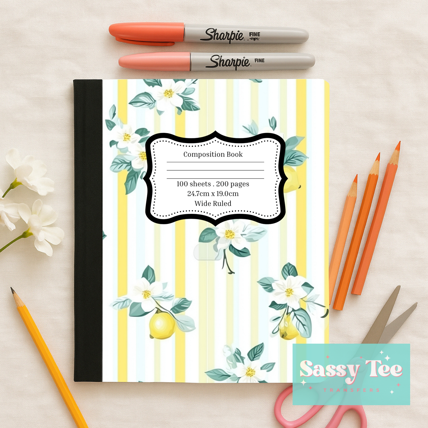 LEMONS YELLOW STRIPE FLORAL Peel + Stick Notebook Cover SET