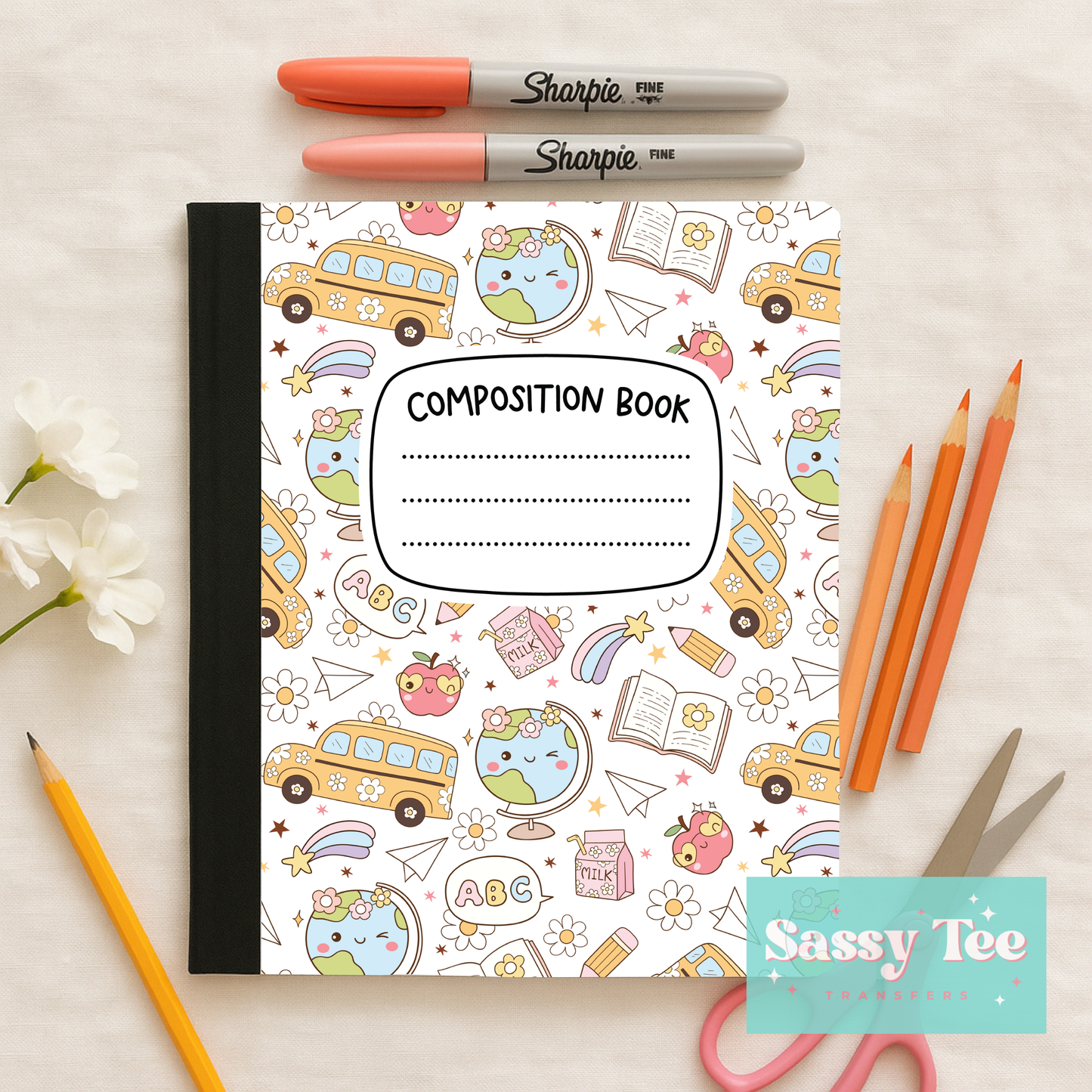SCHOOL RETRO WHITE SCHOOLBUS  Peel + Stick Notebook Cover SET