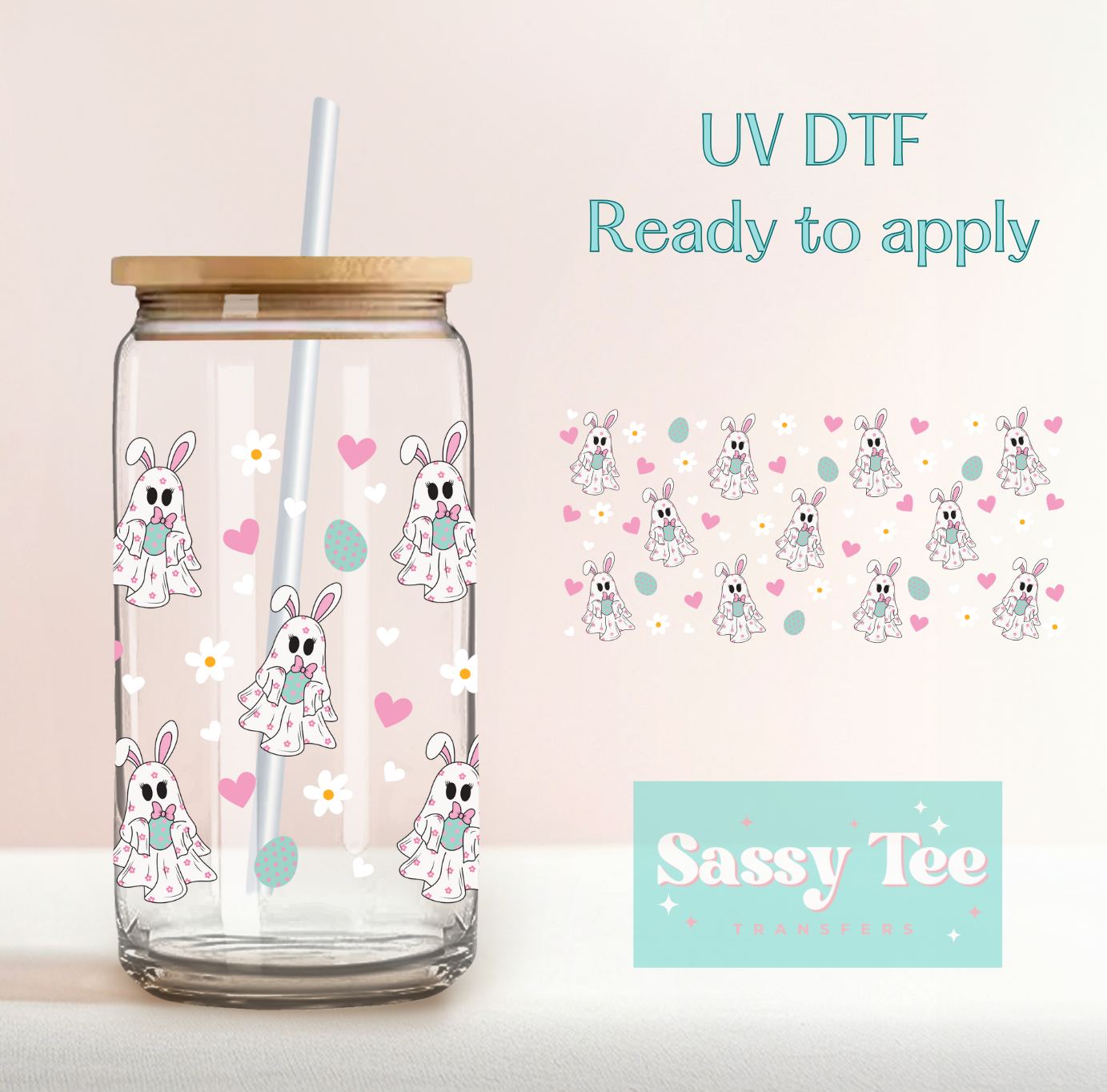 EASTER BUNNY PINK FLOWERS UV DTF CUP WRAP