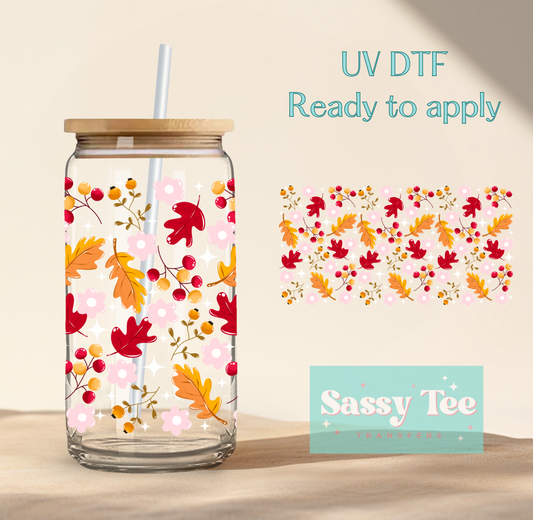 FALL LEAF PINK FLOWER UV DTF CUP WRAP **Preorder Ships in 5-10 biz days**