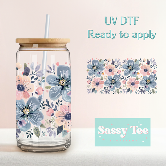 BLUE PINK FLOWERS UV DTF CUP WRAP