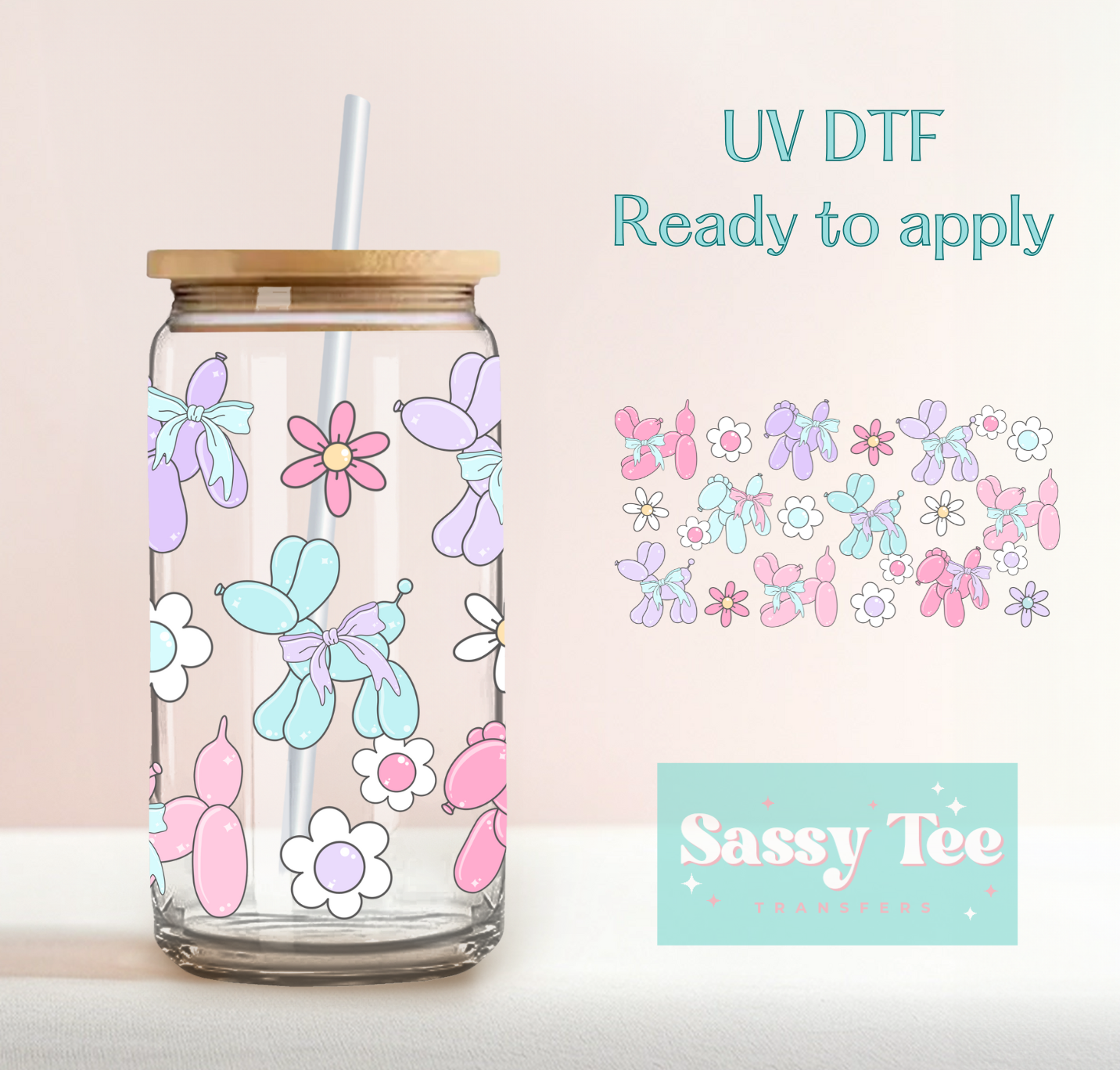 PASTEL BALLOON DOG FLOWERS UV DTF CUP WRAP **Preorder Ships in 5-10 biz days**