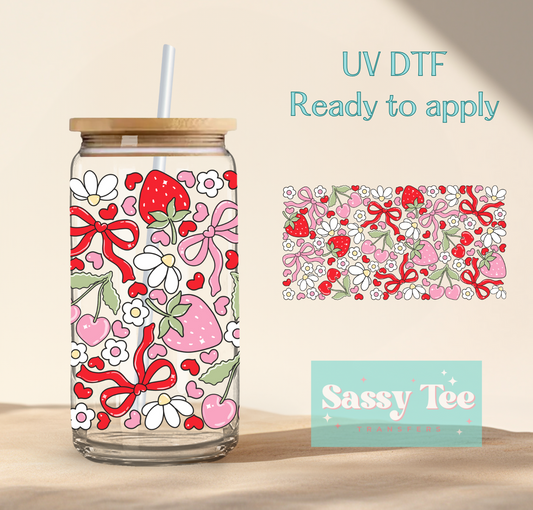 STRAWBERRY FLORAL BOWS UV DTF CUP WRAP **Preorder Ships in 5-10 biz days**