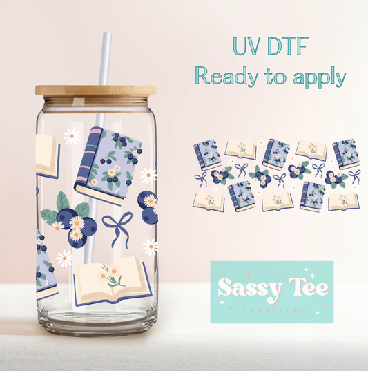 BOOKS BLUEBERRIES BOWS UV DTF CUP WRAP **Restock Preorder Ships in 5-10 biz days**
